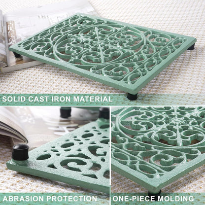 Notakia 9.6 x 6.3 Inch Cast Iron Trivet Set, Large Metal Trivets for Hot Dishes Pots Pans Decorative Kitchen Trivets, Heat-Resistant Trivet Mats for Quartz Countertops, Green Kitchen Accessories