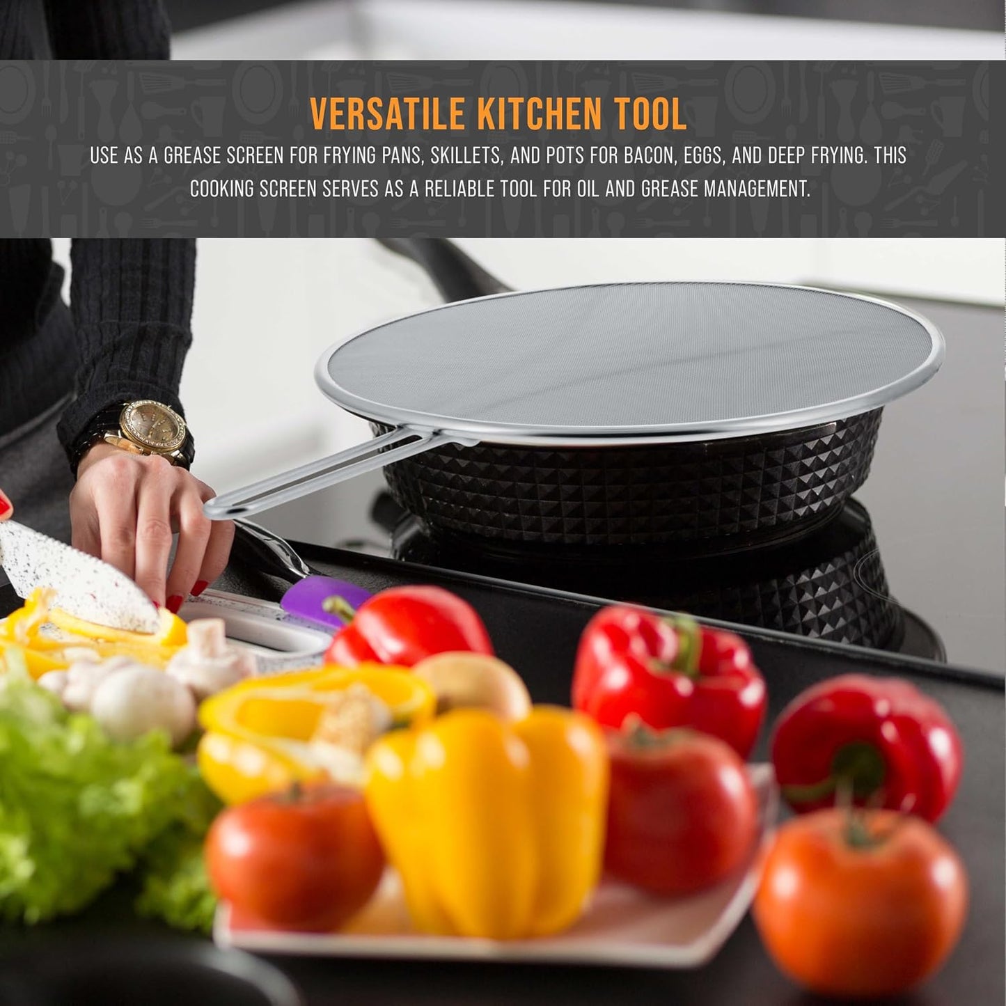 U.S. Kitchen Supply Set of 3 Stainless Steel Splatter Screen - 13", 11.5" & 9.5" Sizes - Fine Mesh Splatter Screen with Resting Feet Set, Grease Guard for Kitchen Pots and Pans