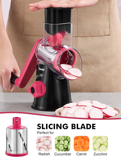 Geedel Rotary Cheese Grater, Kitchen Mandoline Vegetable Slicer with 3 Interchangeable Blades, Easy to Clean Rotary Grater Slicer for Cheese, Vegetables, Nuts