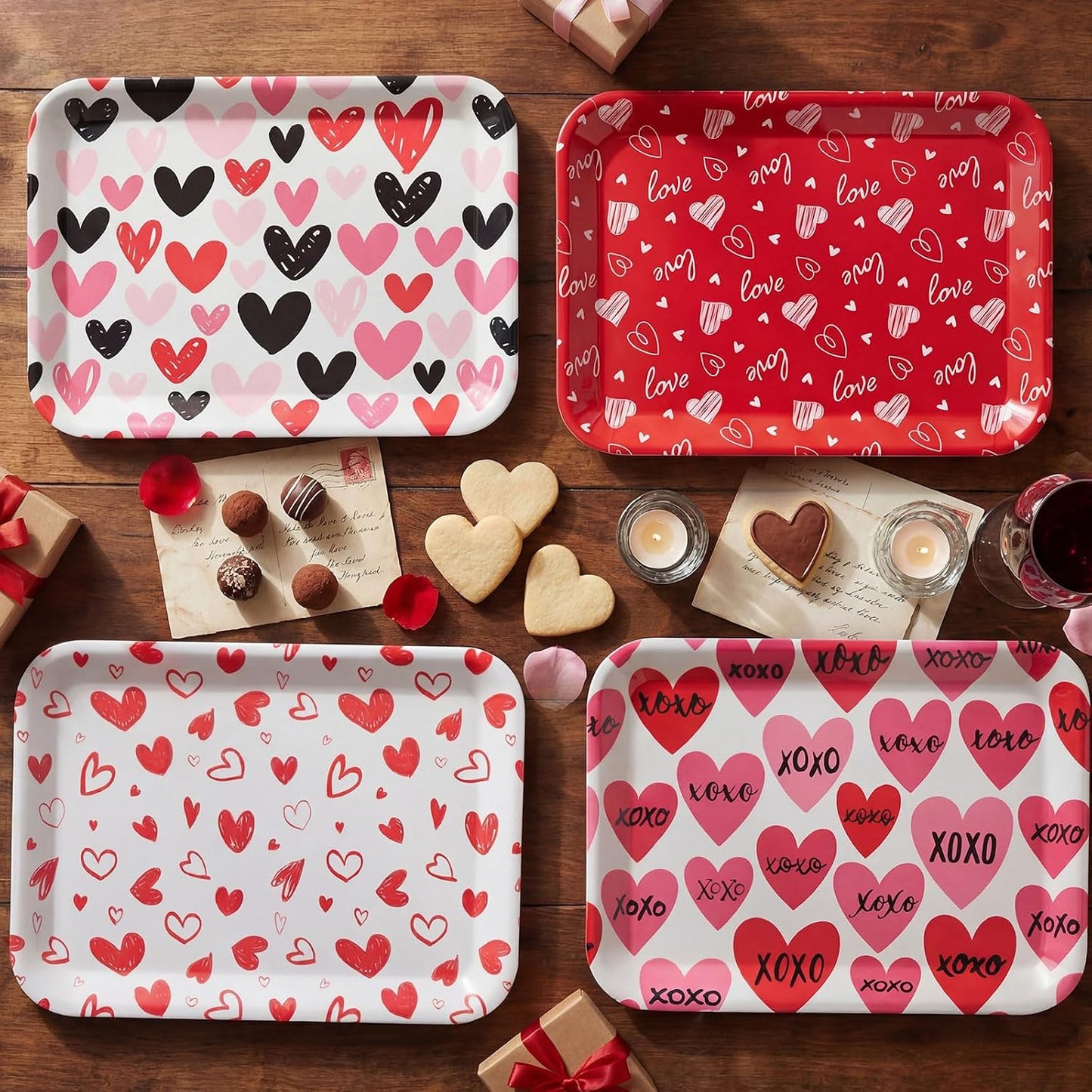 4 Pcs Valentine's Day Serving Tray 13 x 10 Inch Heart Reusable Serving Platter Melamine Dessert Plate Dish for Valentine's Day Party Decorations Supplies
