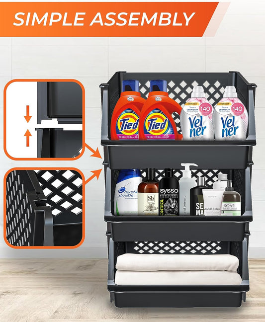 TidyFriend 4 Pack Stackable Storage Bins Open Front for Pantry Organizers and Storage, Pantry Storage for Food, Kitchen and Home Organization, Plastic Storage Bins, Dorm Room Essentials (Grey)