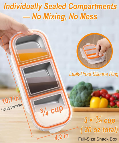 KTKUDY Stainless Steel Snack Container for Kids & Adults - Large - Leak-Proof 3-Compartment Stackable Snack Lunch Box for Daycare, School, Work & Travel