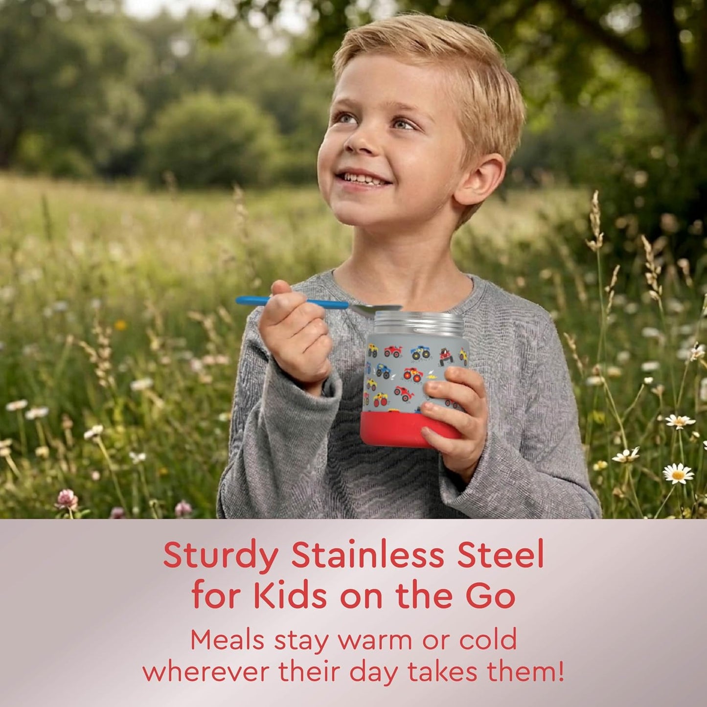 Bentgo Kids Stainless Steel Food Jar - 11oz Leak-Proof Double Insulated Hot or Cold Food Container with Removable Silicone Bumper, Dishwasher Safe, Easy Open Lid, Ages 3+ (Trucks)