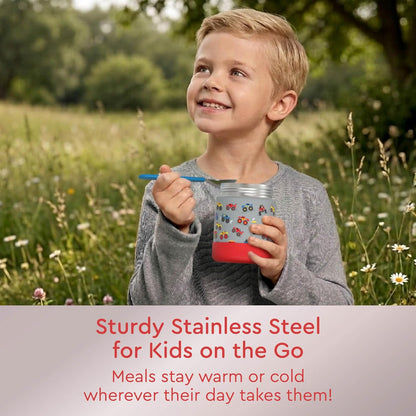 Bentgo Kids Stainless Steel Food Jar - 11oz Leak-Proof Double Insulated Hot or Cold Food Container with Removable Silicone Bumper, Dishwasher Safe, Easy Open Lid, Ages 3+ (Trucks)