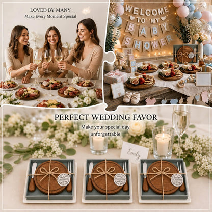 Maxcheck 6 Sets Baby Shower Bridal Game Prizes for Winners Round Cheese Board Set Wood Mini Charcuterie Board with Knives and Forks Thank You Card with Gift Box for Guests Wedding (Bamboo)