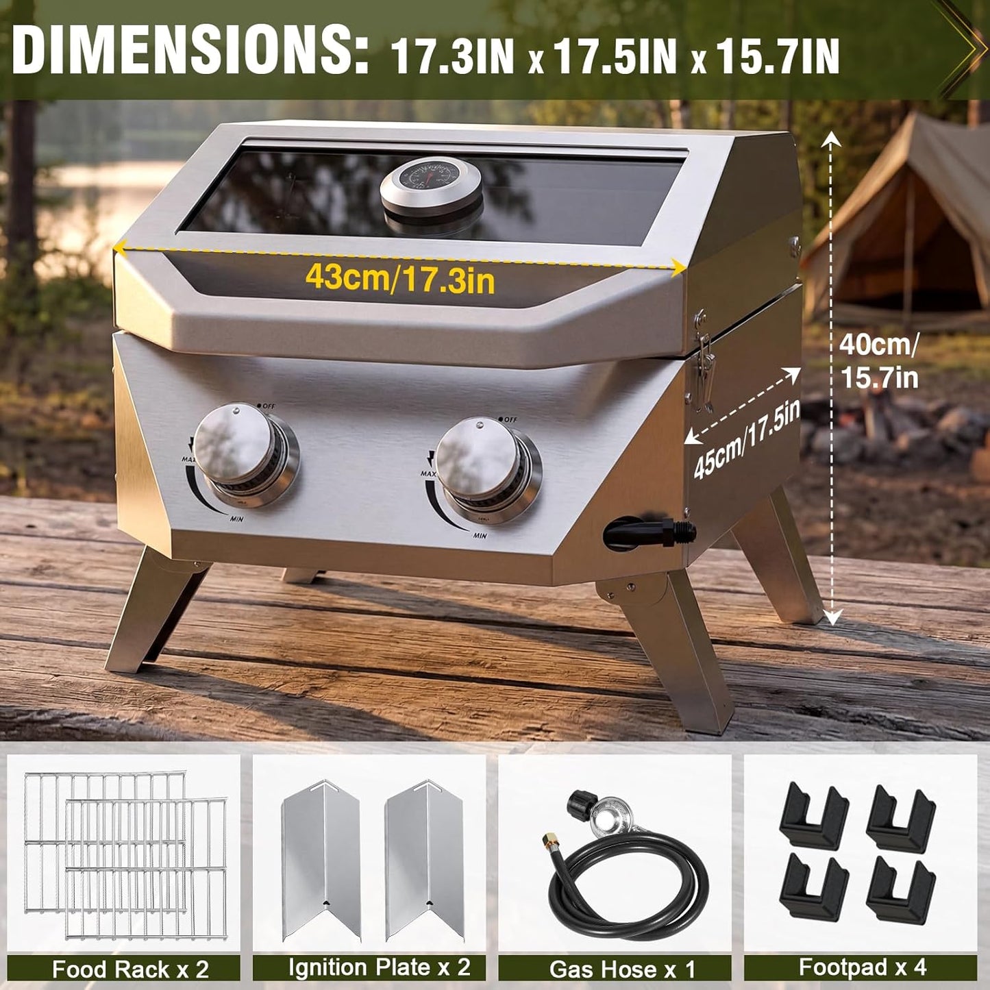 BESTFIRE 2-Burner Tabletop Propane Grill with Foldable Grill Cart, Portable Gas BBQ Station with Wheels & Prep Table, Dual-Fuel Setup for 1lb & 20lb Tanks, Stainless Steel Outdoor Kitchen for Camping