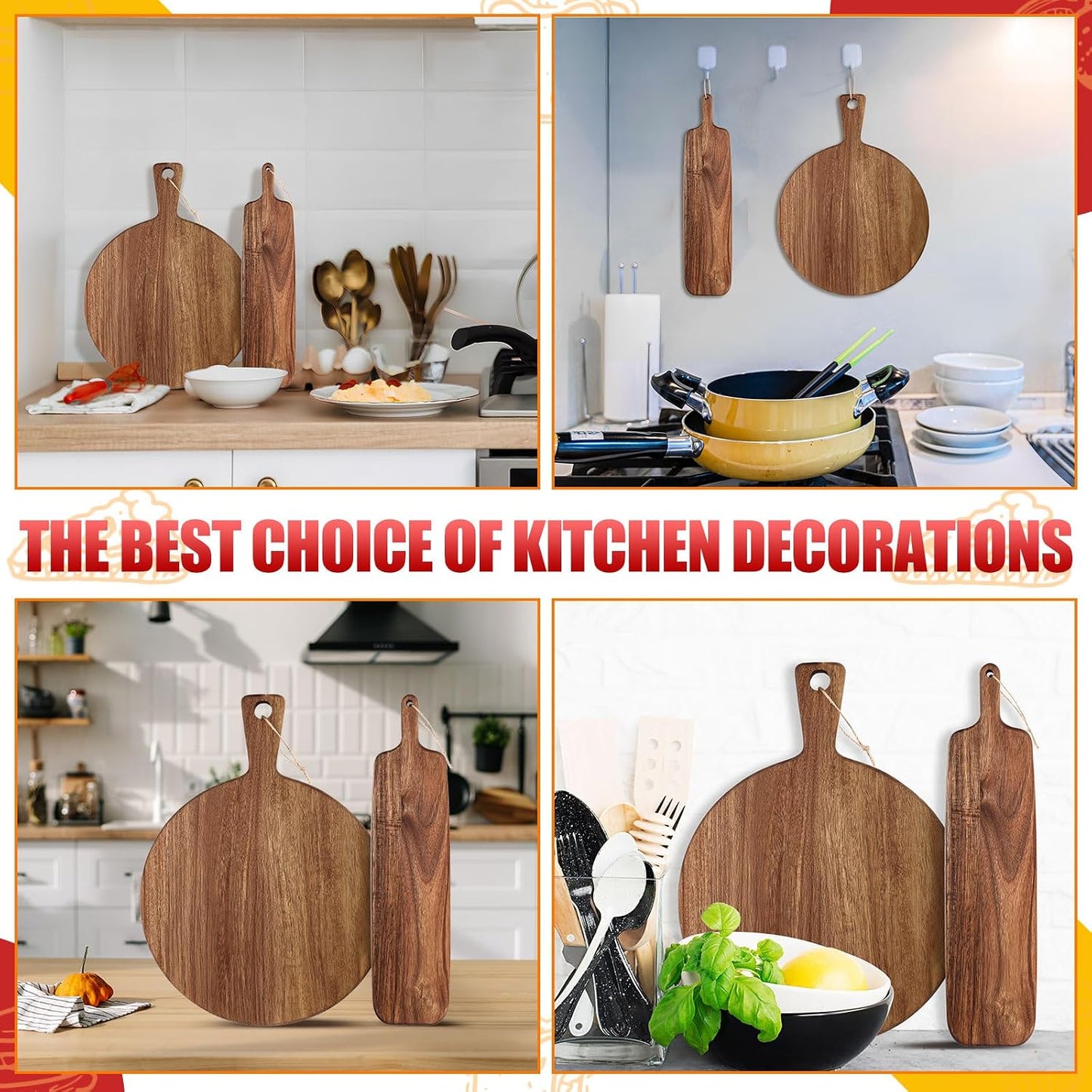 Hsei 2 Pcs Acacia Wood Cutting Board with Handle Wooden Charcuterie Board Large Paddle Carving Chopping Set Butter Serving Tray for Cheese Meat Fruit Pizza Bread(Vintage Style, 16x12, 17x13 Inch)