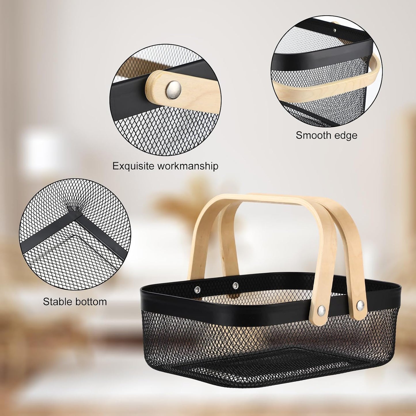 Sadnyy 2 Pcs Black Metal Wire Storage Basket with Handle Mesh Harvest Durable Vegetables Fruit Toy Basket for Garden Organizing, Kitchen, Countertop, Closet, Bedroom (12.6 x 9.7 x 4.3 Inch)