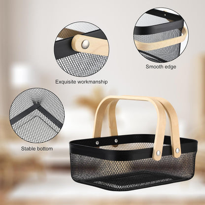 Sadnyy 2 Pcs Black Metal Wire Storage Basket with Handle Mesh Harvest Durable Vegetables Fruit Toy Basket for Garden Organizing, Kitchen, Countertop, Closet, Bedroom (12.6 x 9.7 x 4.3 Inch)