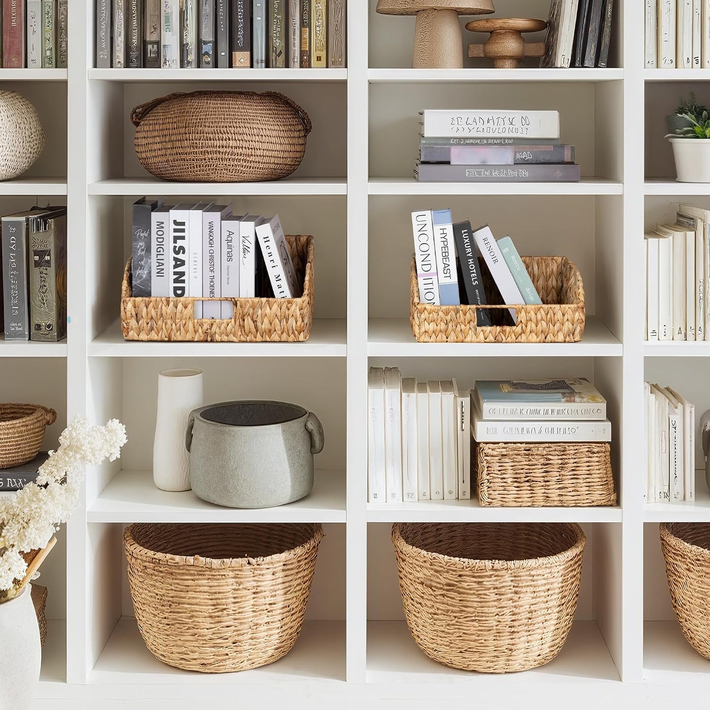 StorageWorks Water Hyacinth Pantry Storage Baskets, Wicker Baskets with Built-in Handles, Handwoven Shelf Baskets for Organizing, Pantry Organizers and Storage, 3 Pack