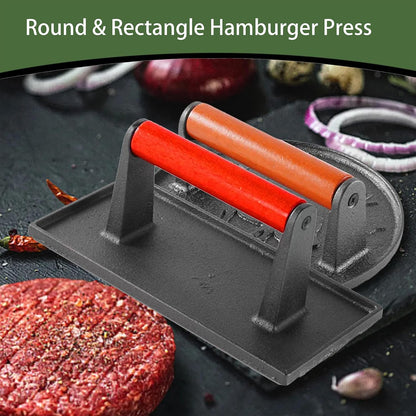 Cast Iron Burger Press, 7.2 inch Round, Wood Handle