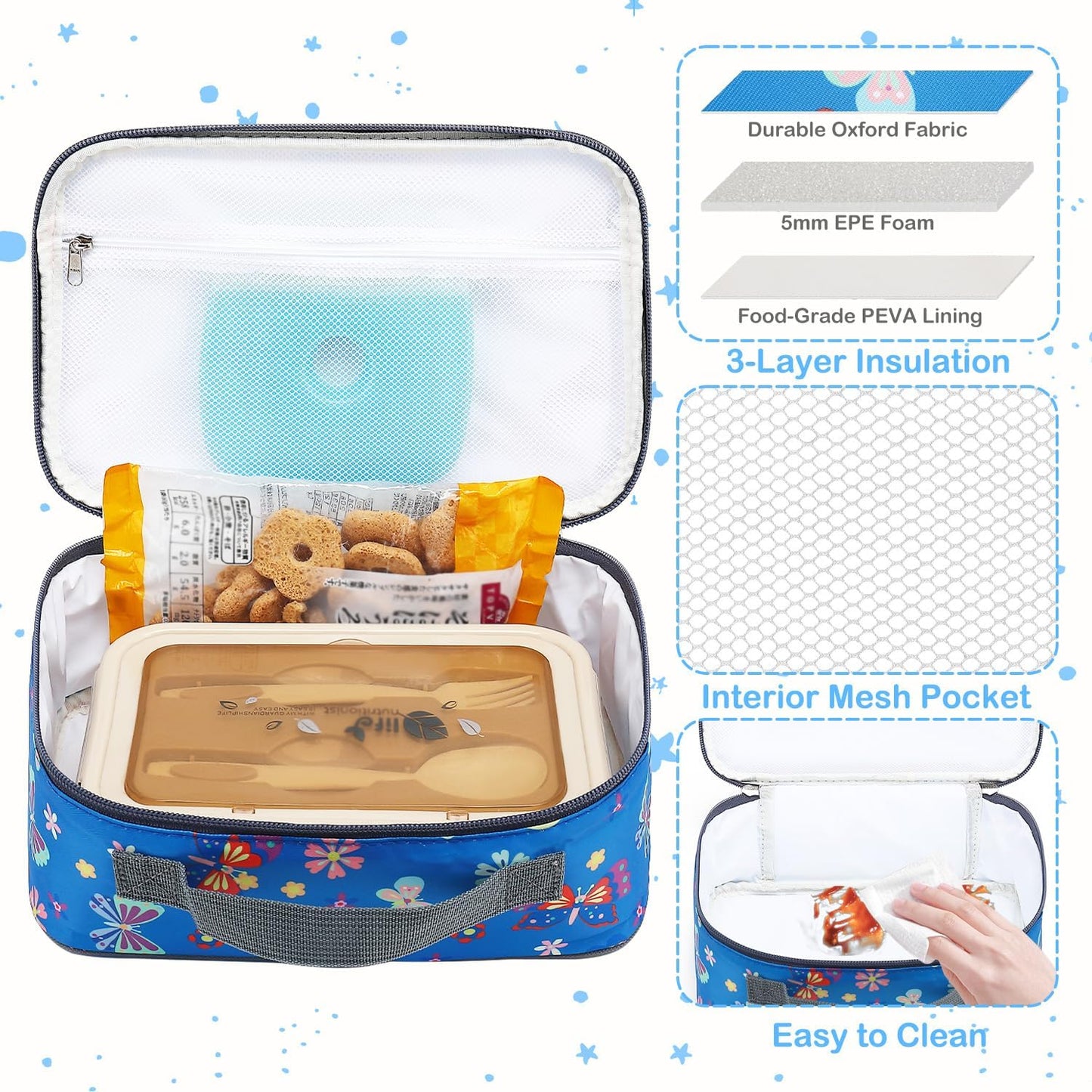 FlowFly Kids Lunch box Insulated Soft Bag Mini Cooler Back to School Thermal Meal Tote Kit for Girls, Boys, Black