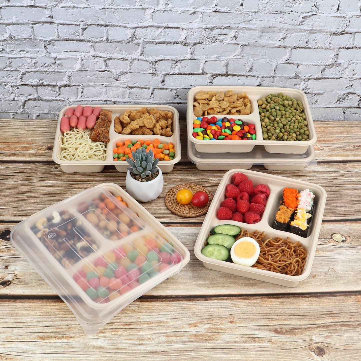 23 oz 3 Compartments disposable plates with Lids Plant Fiber 50 Pack