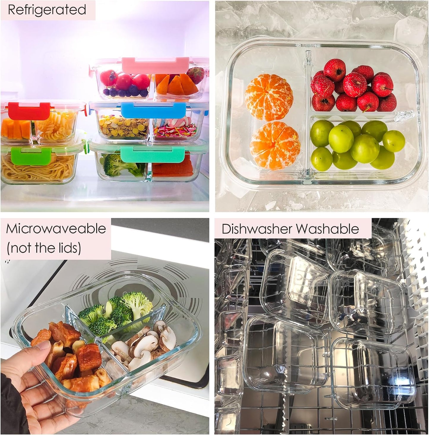 5-Pack,3 Compartment Glass Meal Prep Containers Set,34oz, Divided Food Storage Containers with Lids, Glass Lunch Box with 3 Dividers