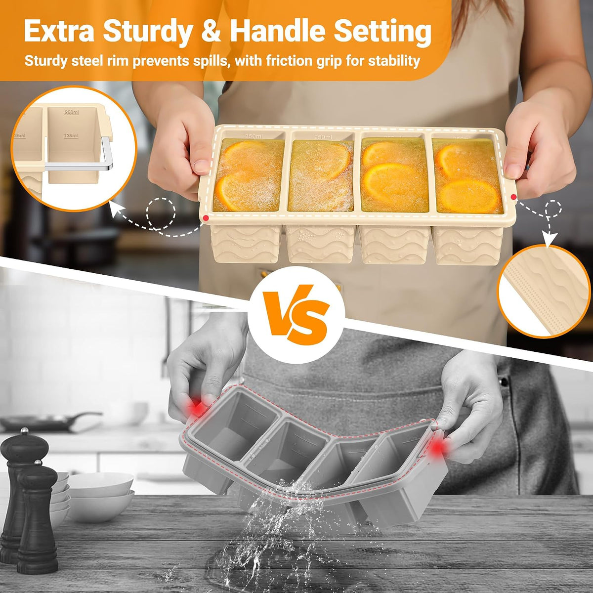 Silicone Freezer Trays with Lid for Soup, 1-Cup & 2-Cup Large Ice Cube Molds Food Storage Containers for Meal Prep, Freeze 500mL/250mL/125mL Portions – 2 Pack