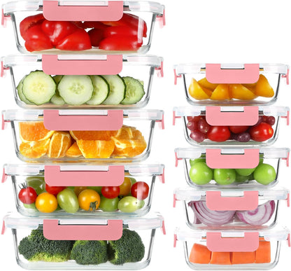 BAYZZ 10 Pack Glass Meal Prep Containers, Glass Food Storage Containers with Lids, Airtight Lunch Box, Freezer,Oven,Microwave and Dishwasher Safe