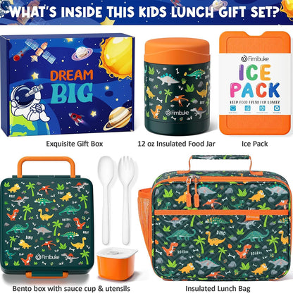 Fimibuke Kids Bento Snack Lunch Box with 4 Compartment, Insulated Lunch Bag, Stainless Steel Vacuum Thermo Food Jar, Ice Pack, Utensils Set, Birthday Gifts for Age 3-12 Back to School Toddler Girl Boy