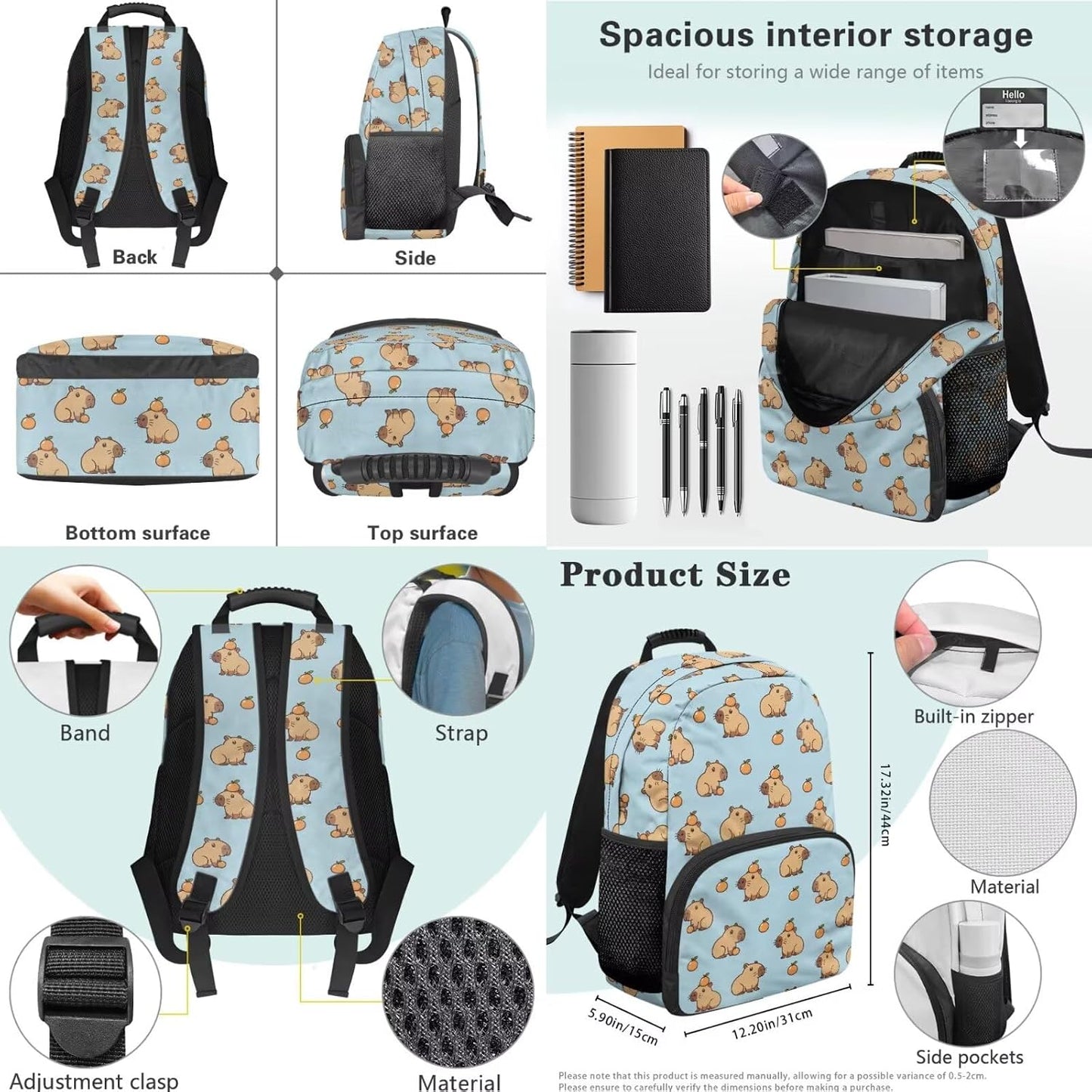 Cute Capybara Pizza Backpack for Girls, 5 Pcs Boys School Bag Set for Kids, 17 Inch Backpacks Lunch Pencil Box Reusable Utensils Case Set for Middle Elementary School, 3rd Grade Backpack