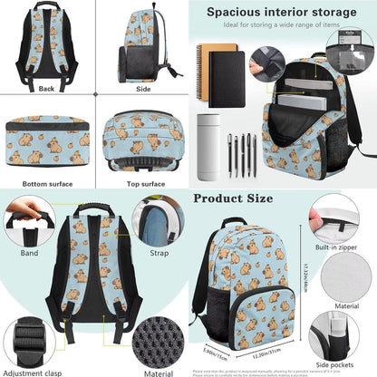 Cute Capybara Pizza Backpack for Girls, 5 Pcs Boys School Bag Set for Kids, 17 Inch Backpacks Lunch Pencil Box Reusable Utensils Case Set for Middle Elementary School, 3rd Grade Backpack