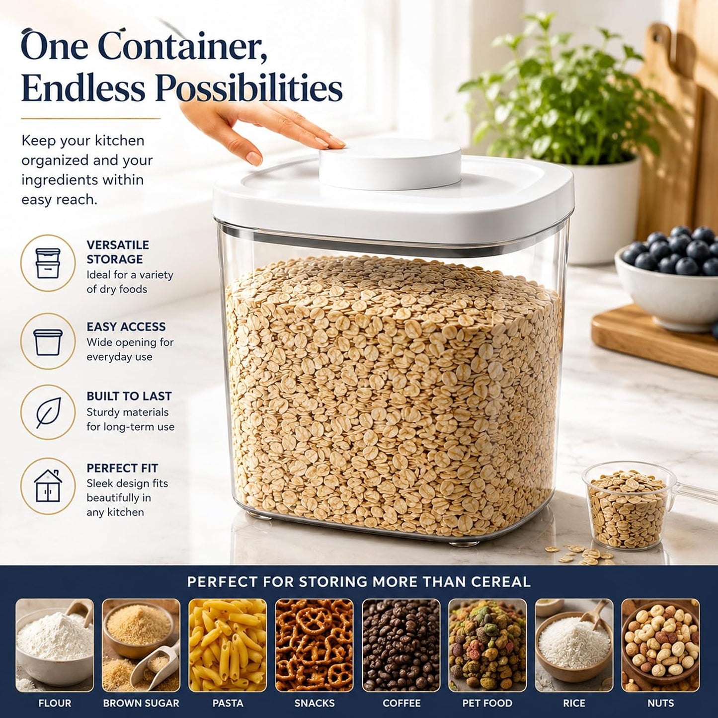 25 Lbs Airtight Rice Dispenser, Rice Storage Container,Dry Food Holder for Flour, Sugar, Cereal, Dog & Cat Food, Kitchen Pantry Organization