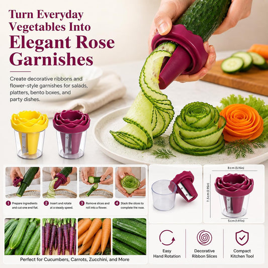Manual Vegetable Spiralizer and Curler for Rose Flower Carving, Manual Vegetable Spiralizer & Curler, Handheld Fruit Flower Cutter Grater, Carrot Cucumber Rose Garnishing Slicer Tool (Red*1)