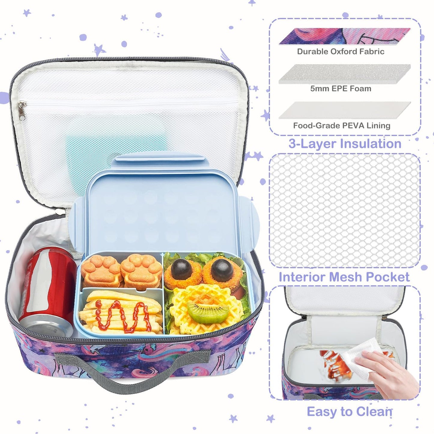 FlowFly Kids Lunch box Insulated Soft Bag Mini Cooler Back to School Thermal Meal Tote Kit for Girls, Boys, Black
