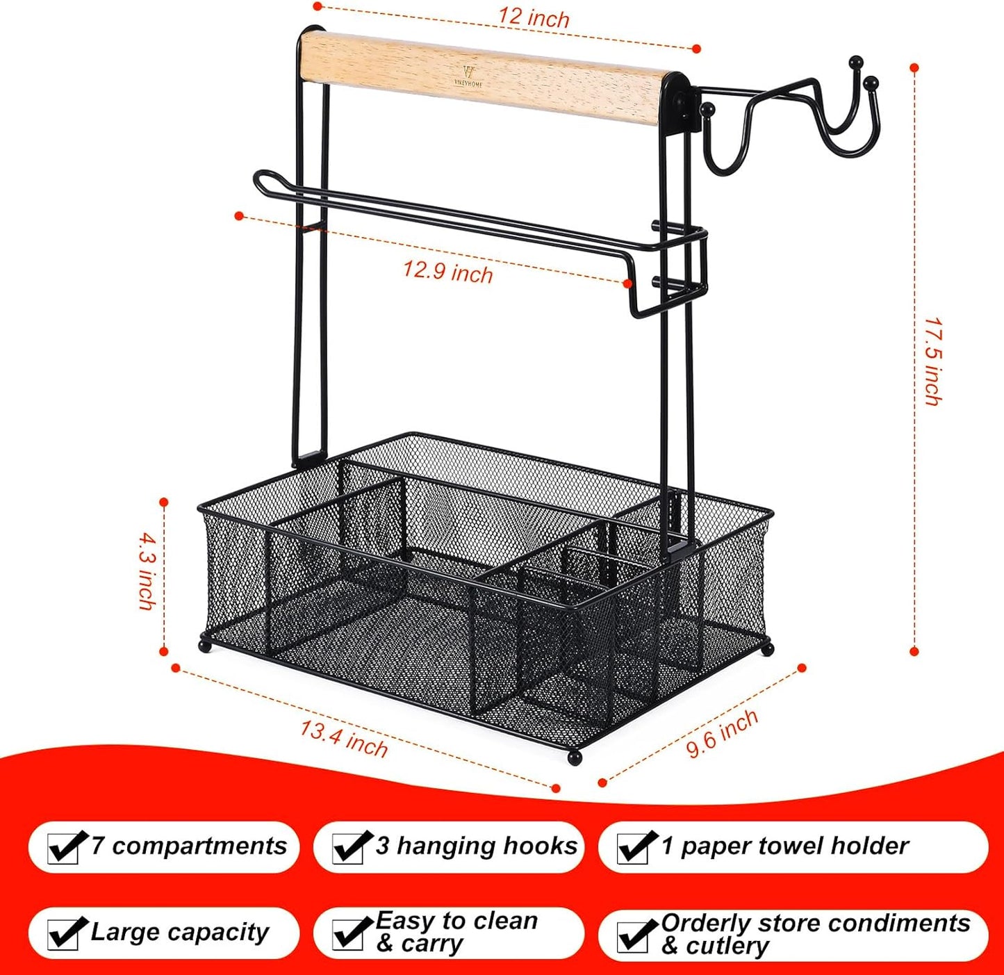 VIKEYHOME Grill Caddy, Picnic BBQ Organizer for Camping Outdoor Mesh Basket with 3 Hanging Hooks and Paper Towel Holder, Ideal Table Storage Tools for RV Camper/Tailgating/Flatware