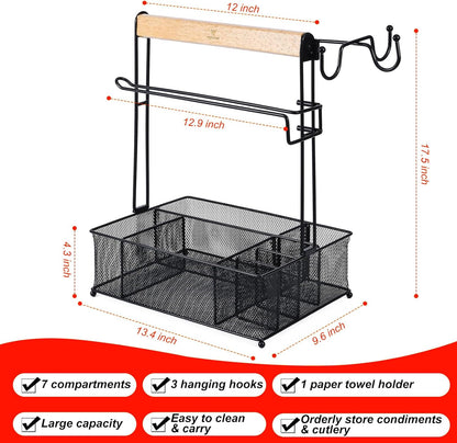 VIKEYHOME Grill Caddy, Picnic BBQ Organizer for Camping Outdoor Mesh Basket with 3 Hanging Hooks and Paper Towel Holder, Ideal Table Storage Tools for RV Camper/Tailgating/Flatware