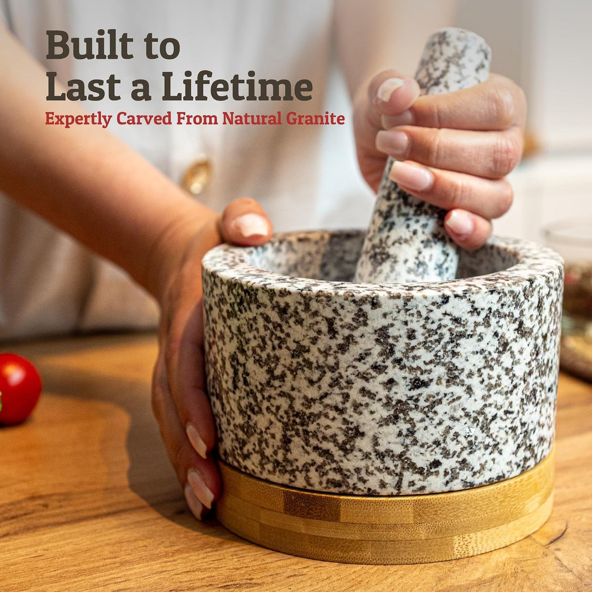 PriorityChef Heavy Duty Mortar and Pestle Set with Bamboo Base, 100% Natural Granite Stone Grinder, Guacamole Bowl and Masher, 1.5 Cups, Black