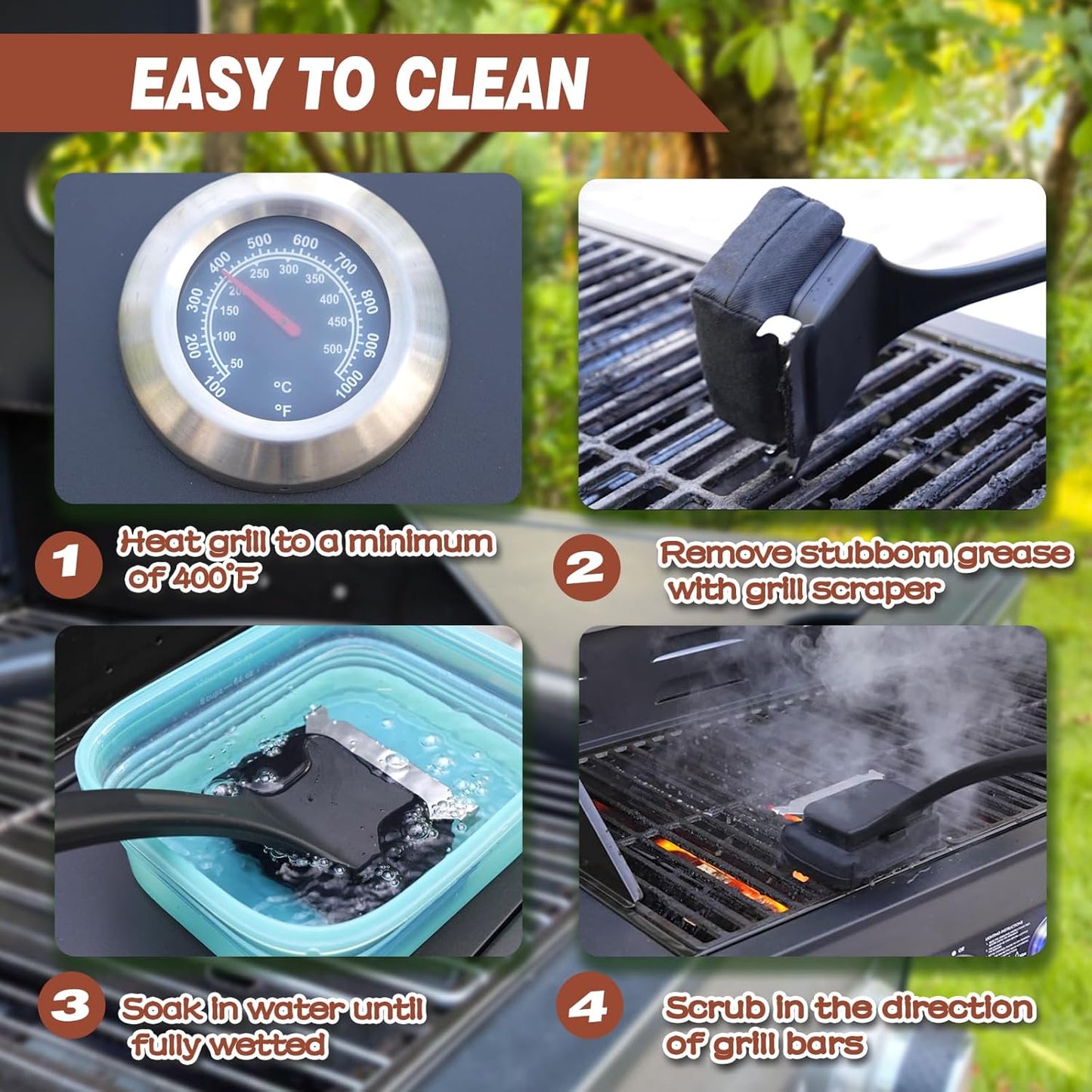 Grill Brush for Outdoor Grill, Steam Grill Cleaner Bristle Free with Scraper, Replaceable Cleaning Head & Heat-Resistant Handle, Grilling Gift for Dad, Men - Black