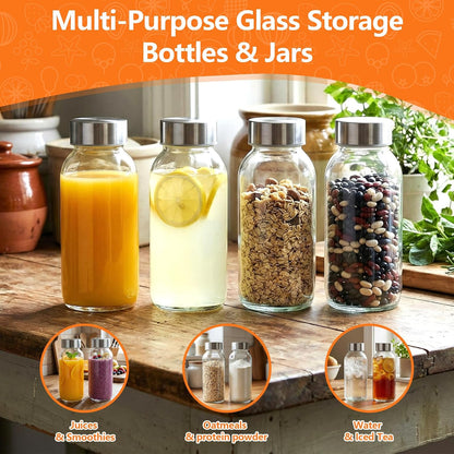 Clear Glass Bottles with Lids 18 oz, Reusable Glass Water Bottles with Stainless Steel Cap for Refrigerator, Juicing, 100% Leak Proof, BPA Free, Juice Bottle Drinking Jar Containers Set of 6