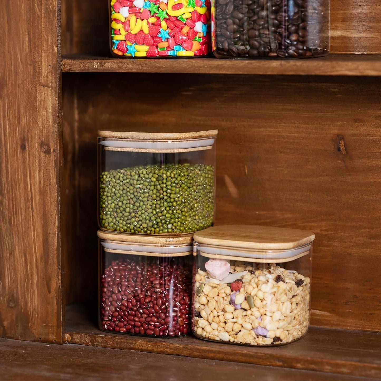 Glass Food Storage Jars 37 oz Set of 6,Glass Storage Containers Clear Glass Food Canister with Bamboo Lid Airtight For Serving Tea, Coffee, Flour, Sugar, Candy, Cookie, Spice and More (Square)