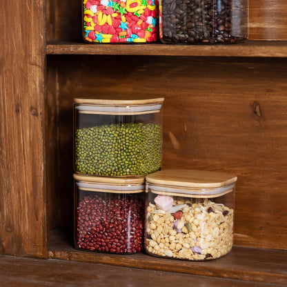 Glass Food Storage Jars 37 oz Set of 6,Glass Storage Containers Clear Glass Food Canister with Bamboo Lid Airtight For Serving Tea, Coffee, Flour, Sugar, Candy, Cookie, Spice and More (Square)