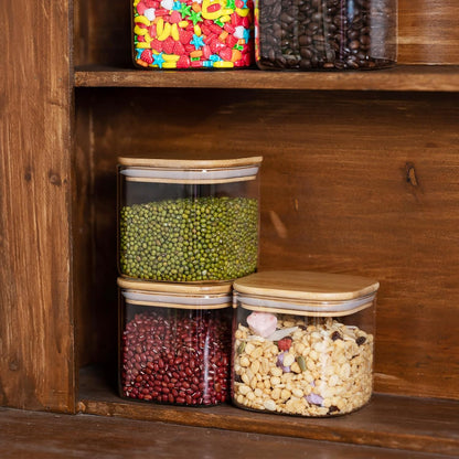 Glass Food Storage Jars 37 oz Set of 6,Glass Storage Containers Clear Glass Food Canister with Bamboo Lid Airtight For Serving Tea, Coffee, Flour, Sugar, Candy, Cookie, Spice and More (Square)