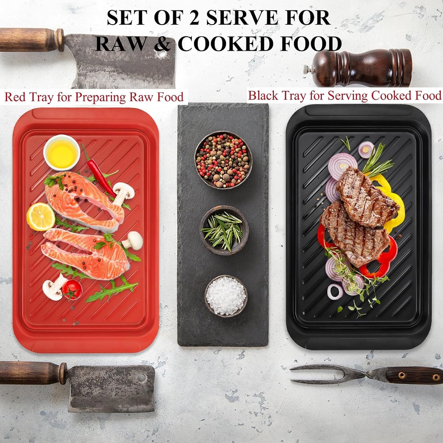 DEAYOU 2 Pack Grilling Prep and Serve Trays, 17" x 10.5" BBQ Platters for Cooked and Raw Meat, Melamine Serving Trays for Food, Outdoor, Grill Accessories, Dishwasher Safe, Black and Red