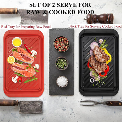 DEAYOU 2 Pack Grilling Prep and Serve Trays, 17" x 10.5" BBQ Platters for Cooked and Raw Meat, Melamine Serving Trays for Food, Outdoor, Grill Accessories, Dishwasher Safe, Black and Red
