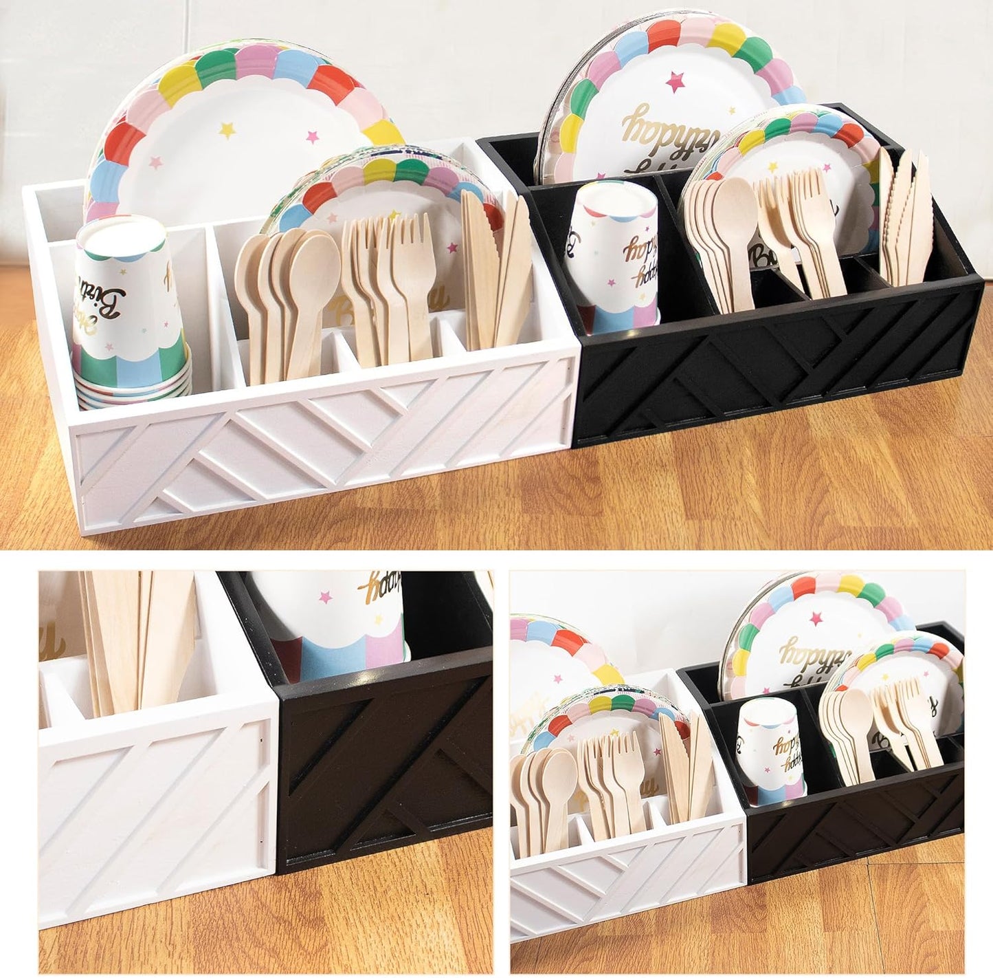 Paper Plate Dispenser with 6 Compartments – Wooden Utensil & Silverware Caddy Holder for Party, BBQ, Camping – Disposable Cutlery Organizer for Kitchen Countertop or Buffet Station, Black