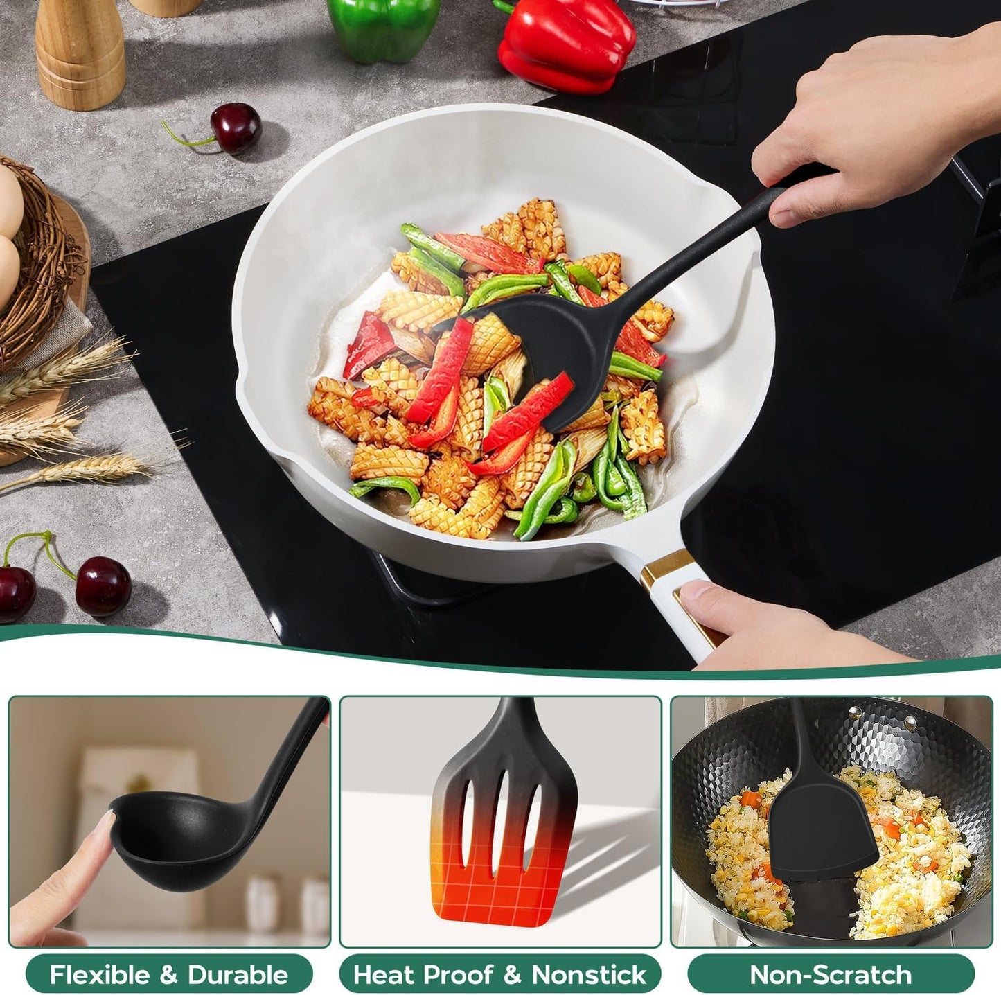Onader Silicone Cooking Utensils Set of 10, Kitchen Utensils for Nonstick Cookware, Heat Resistant & Nontoxic Spatula Set- Khaki