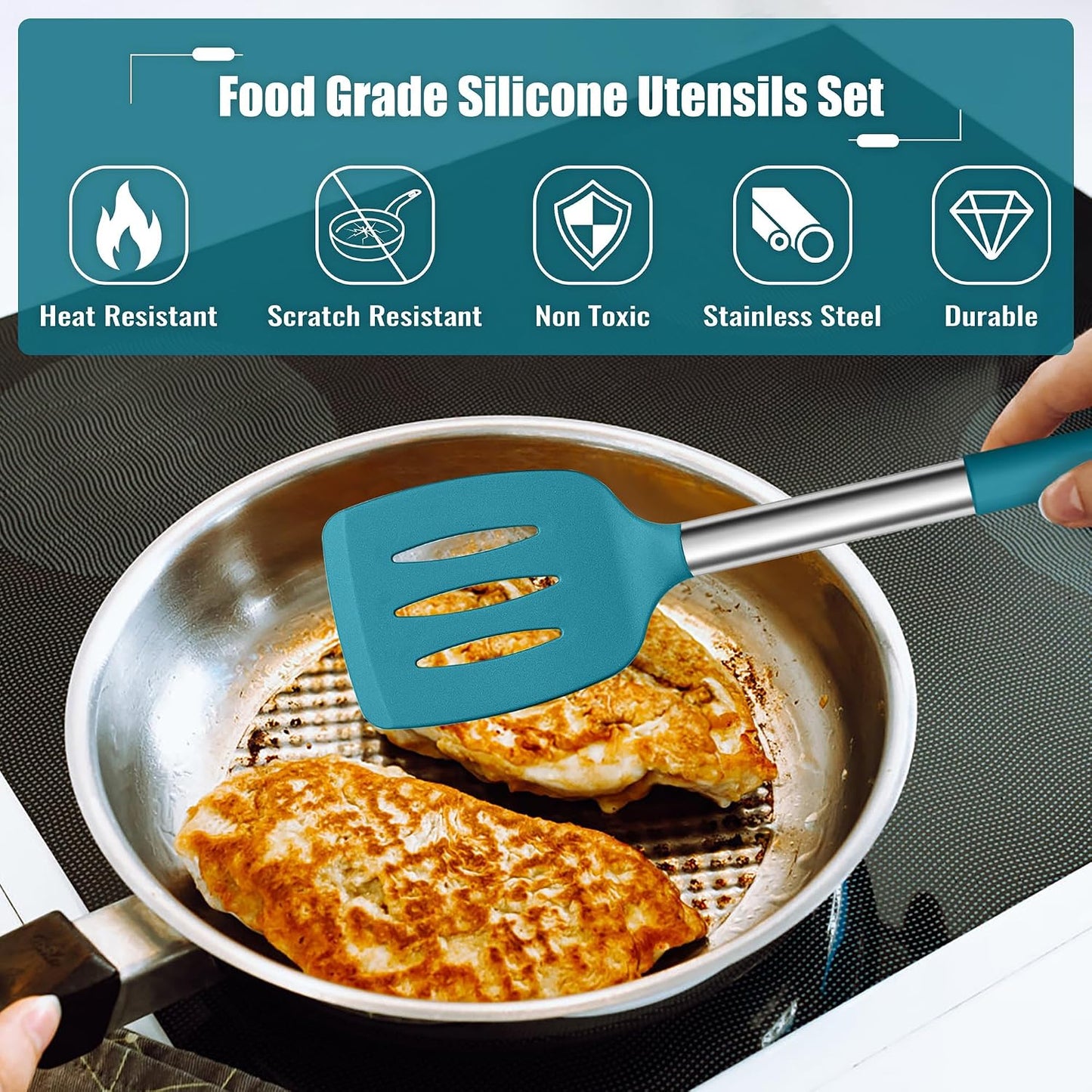 E-far 14 Pieces Silicone Cooking Utensils Set, Kitchen Utensils Set with Holder, Spatula, Ladle, Spoon, Tong, Slotted Turner for Nonstick Cookware, Heat Resistant & Stainless Steel Handle, Black