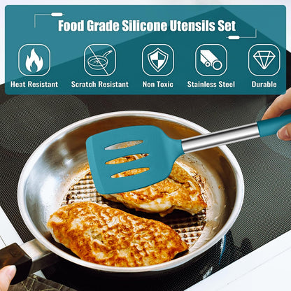 E-far 14 Pieces Silicone Cooking Utensils Set, Kitchen Utensils Set with Holder, Spatula, Ladle, Spoon, Tong, Slotted Turner for Nonstick Cookware, Heat Resistant & Stainless Steel Handle, Black