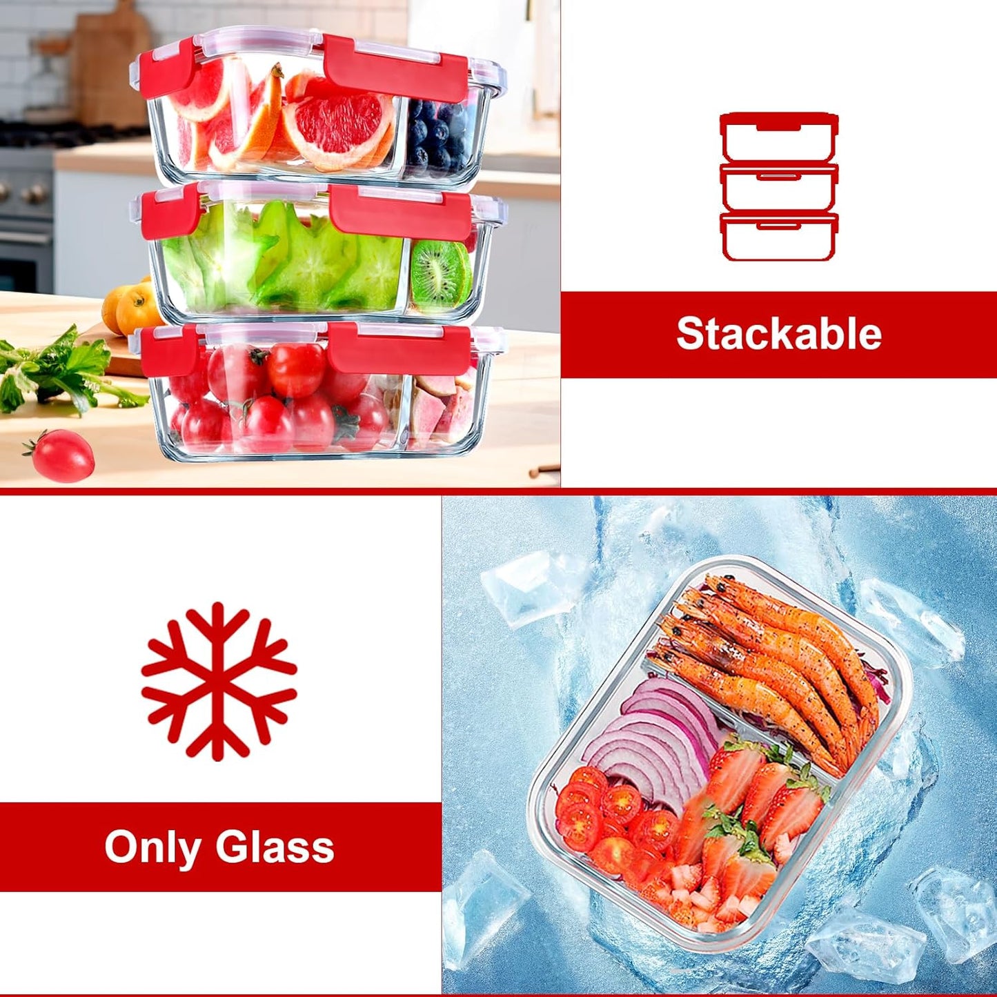 VERONES 5 Pack Glass Meal Prep Containers 2 Compartment Set, 36OZ Airtight Lunch Containers, Glass Food Storage Containers with Lids, for Microwave, Oven, Freezer & Dishwasher Friendly,White