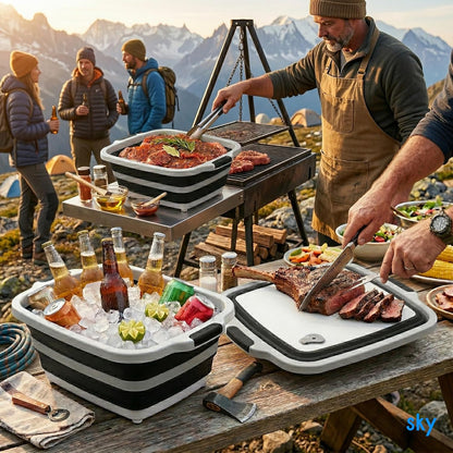 Collapsible BBQ Prep Tub with Lid - XL 4.22 GAL Folding Cutting Board & Food Basin for Outdoor Cooking, Marinating Container, Space Saving Prep Station
