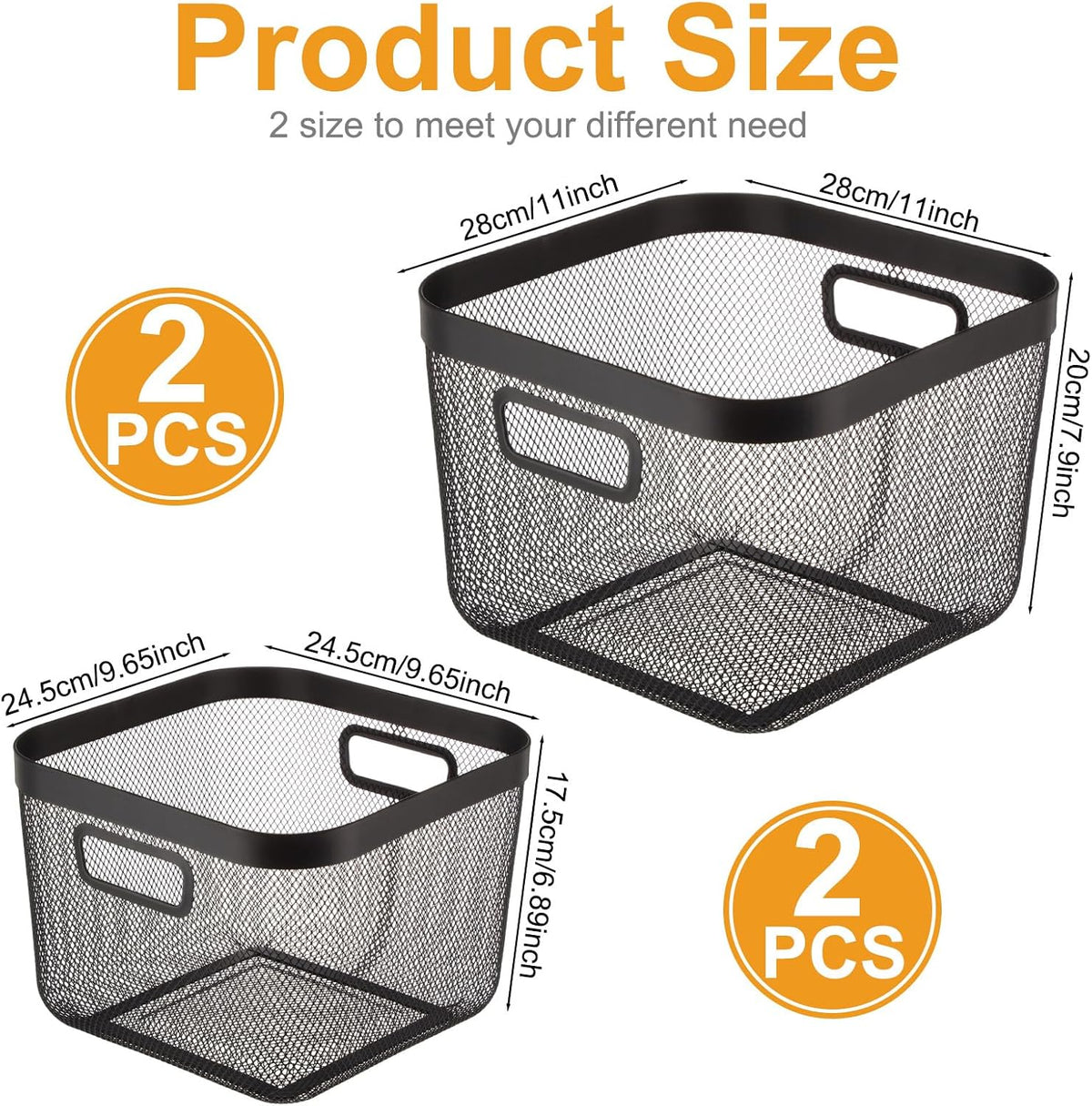 MorningRo 6 Pack Metal Mesh Basket with Hollow Handles Black Wire Storage Bin for Organizing Stackable Metal Fine Mesh Basket for Pantry Bathroom Kitchen Cabinets Shelves (Medium)