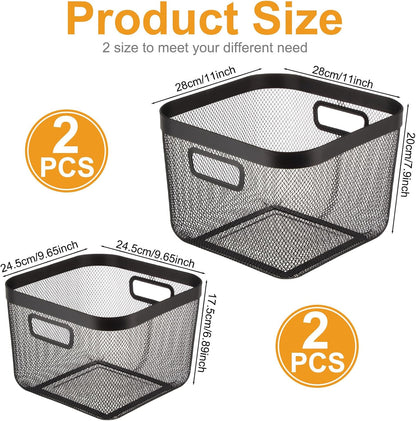 MorningRo 6 Pack Metal Mesh Basket with Hollow Handles Black Wire Storage Bin for Organizing Stackable Metal Fine Mesh Basket for Pantry Bathroom Kitchen Cabinets Shelves (Medium)