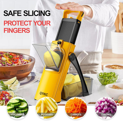 8 in 1 Mandoline Slicer for Kitchen, Vegetable Chopper, Potato Slicer, Fry Cutter Onion Chopper with Drain Basket Food Container with Lid, Stainless Steel Cheese Grater for Quick Meal Pre (Black)