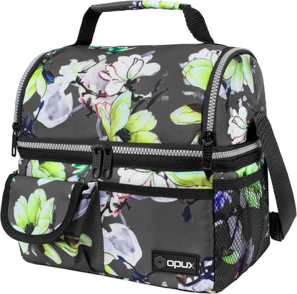 opux Insulated Lunch Bag Women Men, Dual Compartment Leakproof Lunch Box Adults Kids, Double Decker Meal Prep Bento Lunch Cooler Tote with Shoulder Strap for Work Office School Travel, Floral Purple