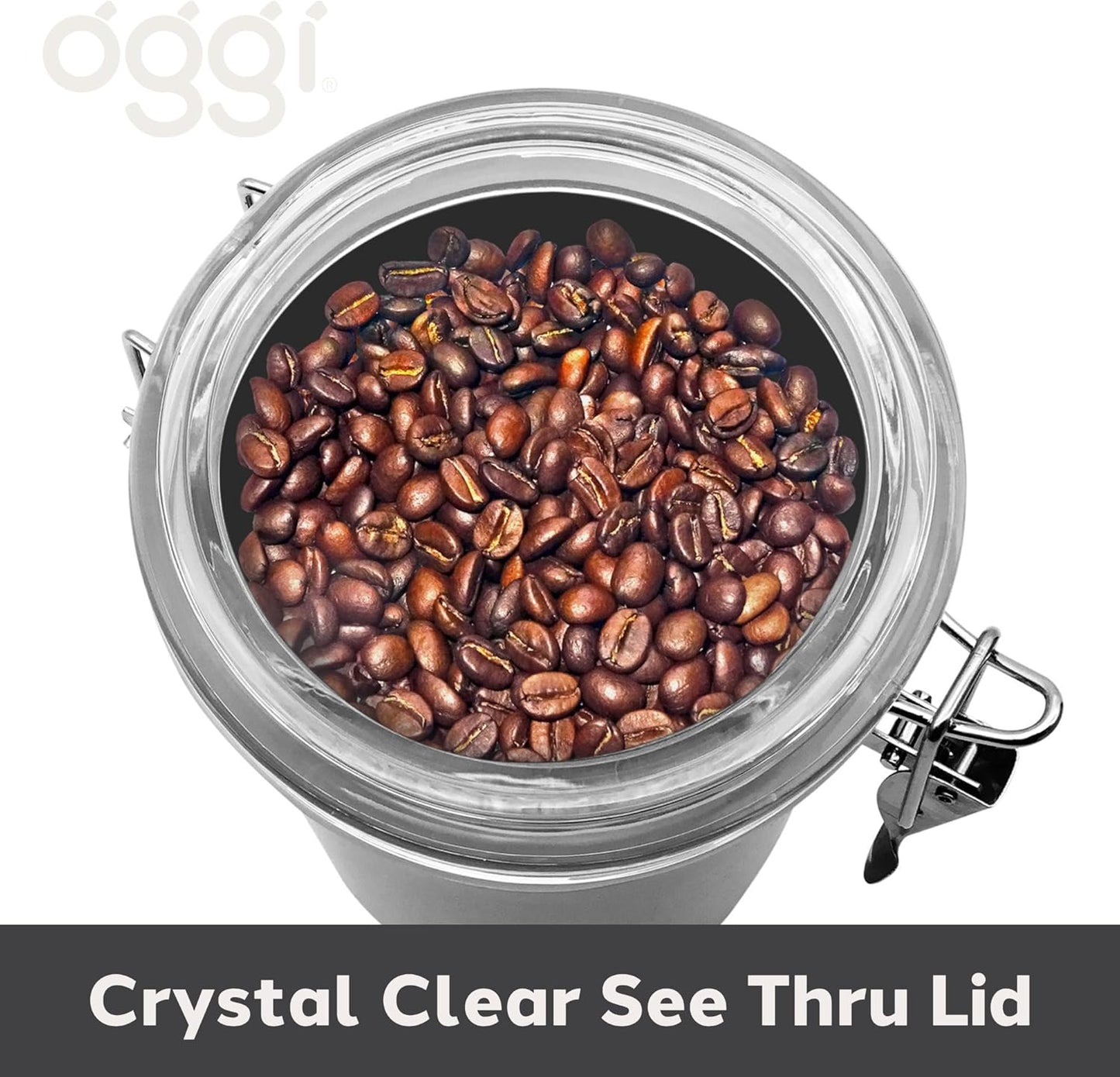 Oggi Stainless Steel Sugar Canister 62 fl oz - Airtight Clamp Lid, Clear See-Thru Top - Ideal Sugar Container for Countertop, Sugar Jar, Bulk Sugar Storage. Large Size 5" x 7.5".