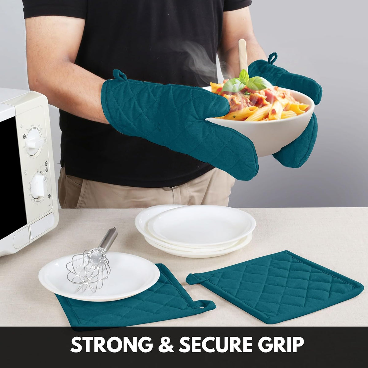 Oven Mitt (7"x13") & Pot Holder (8"x8") 100% Cotton Set of Heat Resistant Oven Gloves & Hot Pads for Gifts, BBQ, Cooking, Baking, Thanksgiving - Mustard Yellow