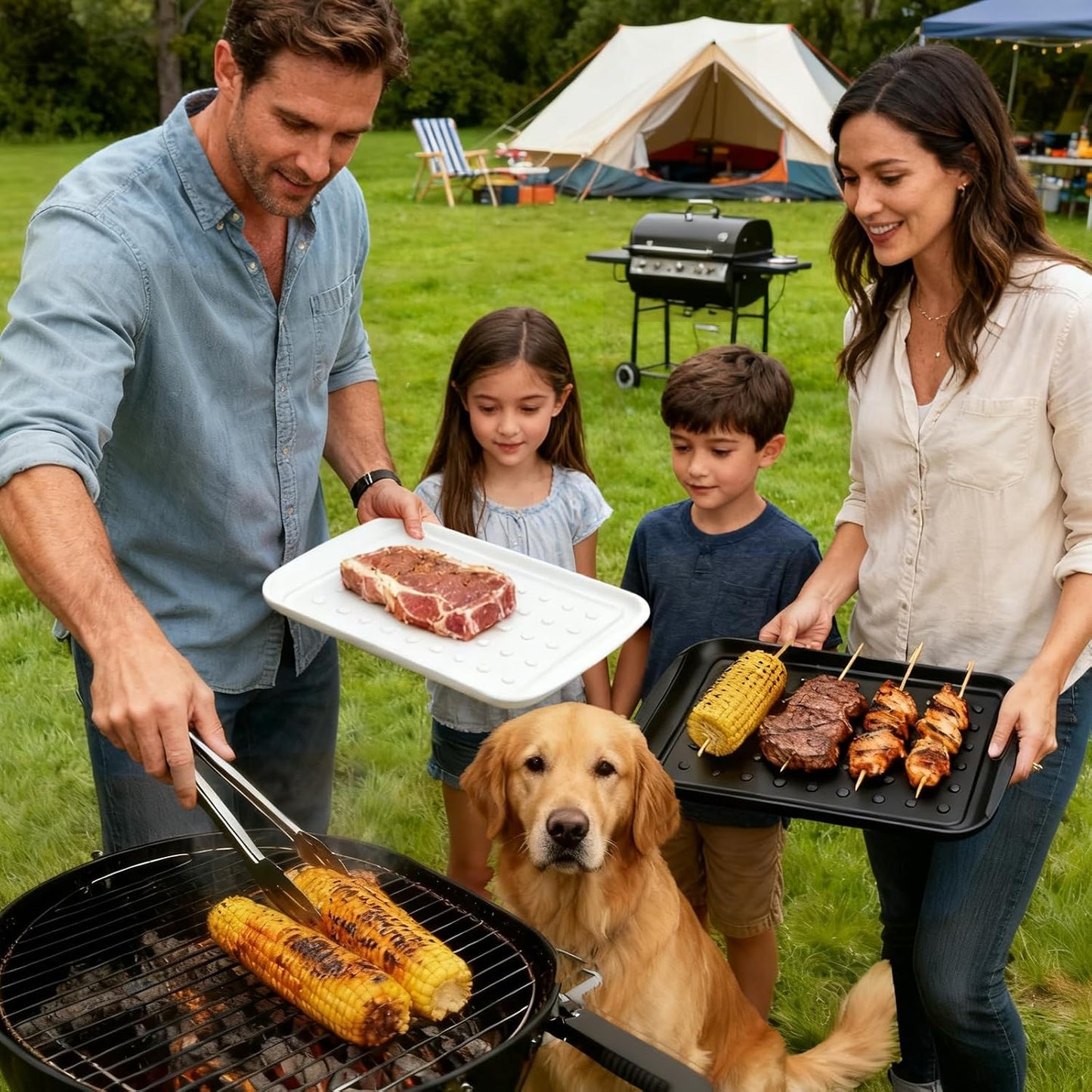 17 Inch Grilling Prep & Serve Trays with Non-Slip Base, Extra Thick,Warp-Resistant BBQ Platter Set for Cooking, Backyard Parties,Camping,Tailgating,Melamine Serving Trays for Food Prep,Red & Black
