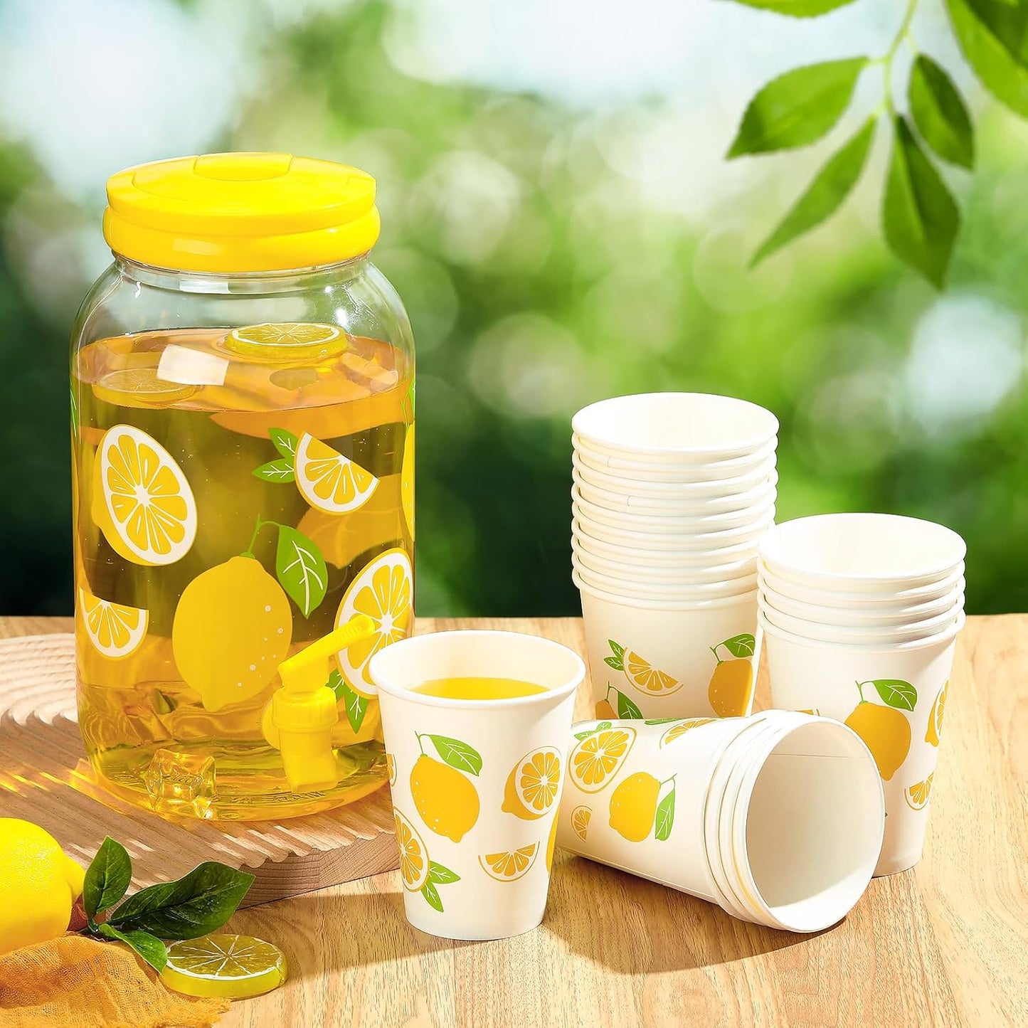 Umigy Tree Clear Plastic Drink Dispenser with 20 Pcs 12 oz Tropical Paper Cups 1 Gallon Kitchen Fridge Beverage Dispenser Plastic Water Dispenser with Spigot for Juice Tea Beer(Orange)